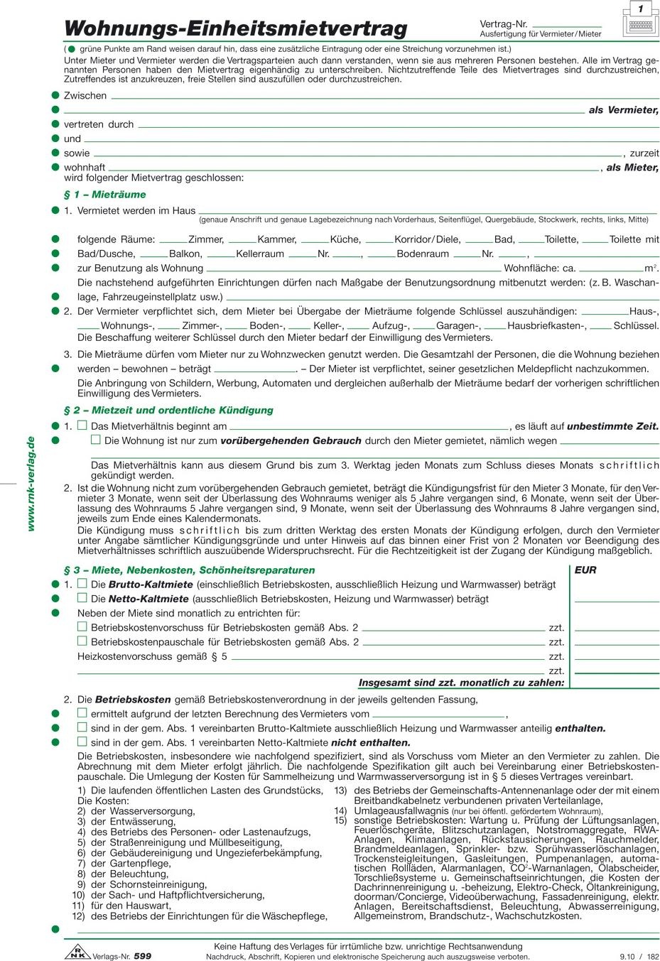 Rnk, Formular, 10 RNK-Verlag 599/10 Mietverträge für Wohnungen