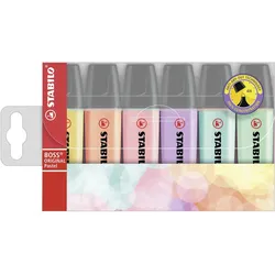 Textmarker - STABILO BOSS ORIGINAL Pastel - 6er Pack - pudriges Gelb, cremige Pfirsichfarbe, rosiges Rouge, Schimmer von Lila, Hauch von Minzgrün, zartes Türkis