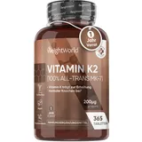 Vitamin K2 MK7-365 vegane Tabletten - 200μg je Dosis - 100% All-Trans Menaquinon - Für Blutgerinnung & Knochen (EFSA) - 1 Jahr Vorrat - Vitamin K Präparate - Alternative zu Tropfen - WeightWorld