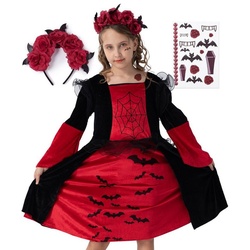 Corimori Vampir-Kostüm Vampir Halloween-Kostüm Set Kinder-Kleid, Karneval, Mit Haarreif, Klebe-Tattoos für Mädchen, Fasching, Geschenkidee rot|schwarz Konfektionsgröße 110/116