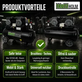 Trutzholm Premium Brushless Silent Flüsterkompressor 50L 1800W 62dB 8 bar