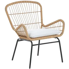 Beliani Balkonset Hellbraun Rattan Stahl Sicherheitsglas 2 Stühle Beistellstisch mit Auflagen Balkon Terrasse Garten - Beige/Schwarz