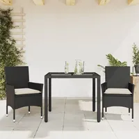 Ankonbej 3-tlg. Garten-Essgruppe mit Kissen Schwarz Poly Rattan Glas - Schwarz/Weiß
