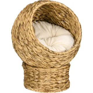 PawHut Rattan Katzenkorb Katzenbett mit Kissen 42x33x52cm aus Wasserhyazinthe, bequem - hellbraun für Katzen Aosom.de