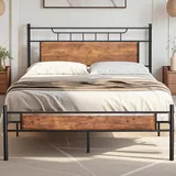 VECELO Bettgestell 140 x 200 cm, Metallbett mit Dick Holzkopfteil und Lattenrost, Doppelbett mit Stauraum unter dem Bett, perfekt für Schlafzimmer, Braun