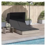vidaXL Doppel-Sonnenliege mit Dach und Auflagen Hellgrau Poly Rattan