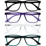 OPULIZE NYX Blaulichtfilter Lesebrille für Damen Herren - Blendfreie UV400-Schutz Federscharnier Anti-Müdigkeit - 4er-Pack - Rechteckiger Rahmen - Schwarz Lila Klar Türkis - + 1,00