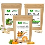 MoriVeda® Produktpaket "Brain Power" | Brahmi Kapseln, Kurkuma+Pfeffer Kapseln, Vitamin D3+K2+Mg Kapseln | Bacoside, Antioxidantien, Vitamine