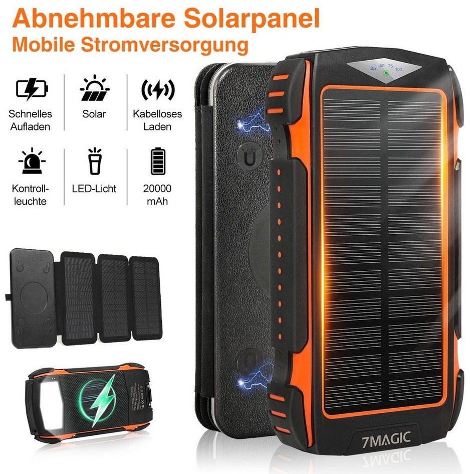 Sumosuma 18W Solar Ladegerät mit 3 Ausgangsport & 3 Eingangsport Solar Powerbank 20000 mAh (5 V), 4 Solarpanels und Taschenlampe, für Smartphones, Tablets schwarz