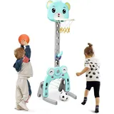 komfotteu GOPLUS 3-in-1 Sportaktivitätscenter, Basketballkorb & Fußballtor & Ringspiel, Höhenverstellbarer Basketballständer, mit Basketball & Fußball &... - Blau/Grau