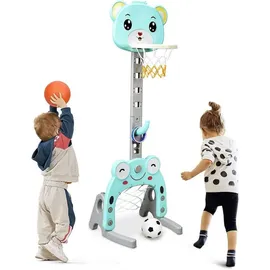 komfotteu GOPLUS 3-in-1 Sportaktivitätscenter, Basketballkorb & Fußballtor & Ringspiel, Höhenverstellbarer Basketballständer, mit Basketball & Fußball &... - Blau/Grau