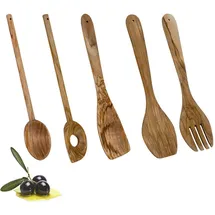 Metaltex Kochlöffel Set OLIVE 5-teilig braun - Olivenholz - Kochlöffel - Kochlöffel mit Loch - Wender - 2-tlg. Salatbesteck