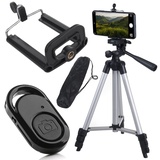 Maclean Brackets Maclean Universelles 1/4"-Stativ mit Telefon Halter, Bluetooth-Fernauslöser und Tragetasche Geeignet für Kameras Camcorder Smartphones Ringlichter Faltbar Verstellbare Höhe max. 102cm