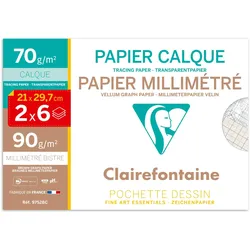 Clairefontaine 10x Millimeterpapier A4, Packung mit 6 Blatt + Transparentpapier 6 Blatt, 70g - 97528C