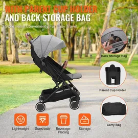 Vevor Kinderwagen 71 x 44 x 107cm, mit 95°-175° verstellbarer Rückenlehne und 0/90° verstellbarer Fußstütze und Ein-Klick-Faltfunktion, Kinderbuggy mit Getränkehalter und Tragetasche, Dunkelgrau