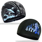COYUN 2 Stück Elastische Badekappen für Erwachsene, Badekappe langes Haar - Komfortable Stoff Bademütze Weiche Unisex Badekappe Ohrenschutz Schwimmhaube Schwimmkappe Leichte Badehaube für Herren Damen