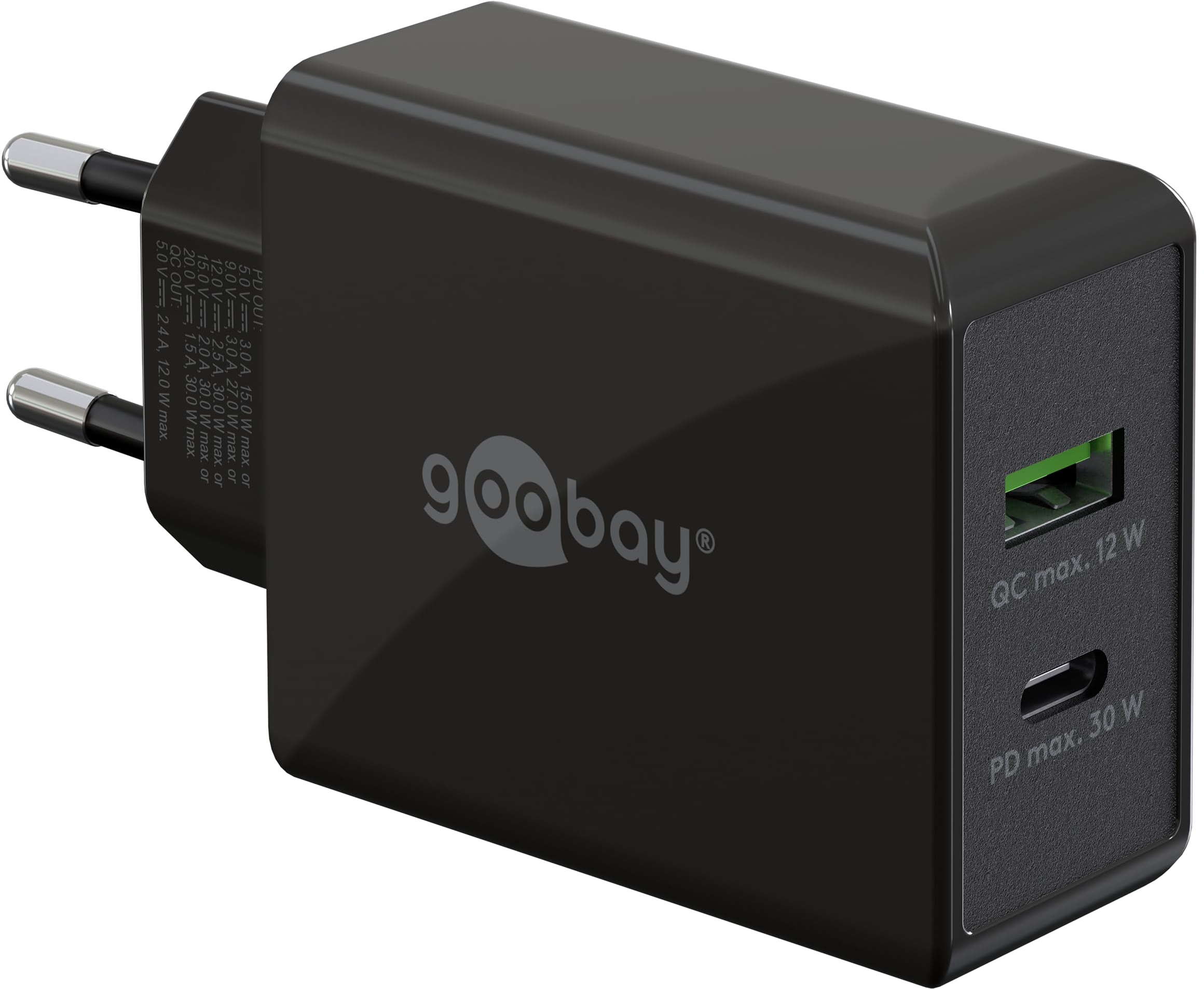 goobay 61673 Dual USB-C PD (Power Delivery) Schnellladegerät (30 W) / Quick Charge Netzteil für iPhone, Samsung, Huawai/Handy Ladegerät/Ladeadapter für die Steckdose/schwarz