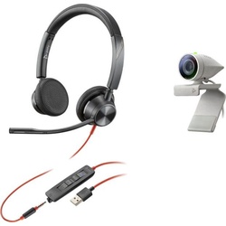 Poly Studio P5 USB HD Webcam Bundle mit Blackwire C3325 Over-Ear-Kopfhörer grau