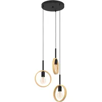 EGLO Ipsden, 3 flammige Hängelampe, minimalistisch, Hängeleuchte aus Holz in Natur und Metall in Schwarz, Esstischlampe, Wohnzimmerlampe hängend mit E27