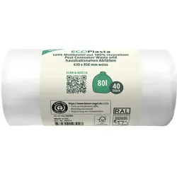 Müllbeutel EcoPlasta weiß 80 L 14 my 40 Stück 100% Recycling LDPE Material aus 100% Recycling, 630 x 850 mm