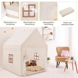 Costway Kinderspielhaus Kinderzelt, Kinderspielzelt für 3-4 Kinder mit Massivholzrahmen & Baumwolldecke 120x105x140cm Beige, Braun - Beige