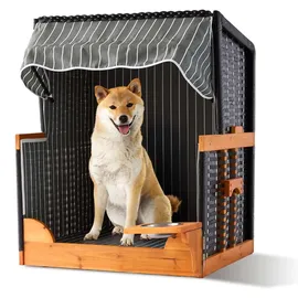 Relaxdays Hundestrandkorb, Rattan, mit Napf, Hundesessel mit Dach, HBT: 95x75x65 cm, für Garten & Terrasse, Holz, grau