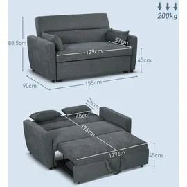 Homcom Schlafsofa, 2-Sitzer Sofa mit Schlaffunktion, Verstellbare Rückenlehne, Couch mit Kissen, Samtoptik, Schlafcouch mit Bettkasten für Wohnzimmer, Sofas & Couches, Schlafsofas