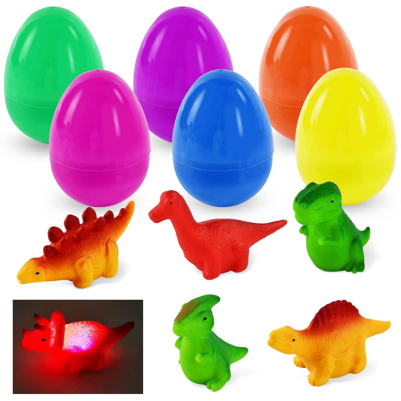 EKKONG Ostereier, Ostereier zum Befüllen Plastik, bunte Eier, vorgefüllte Ostereier mit 6 Schwimmendes Dinosaurier-Spielzeug mit Licht, Überraschungseier Set für Ostern Partyzubehör, Jungen Mädche