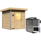 Woodfeeling Karibu Gartensauna Pultdach Saunahaus Torge-9 kW Bio-Kombiofen inkl. Steuergerät-Klassische Saunatür (Klarglas) inkl. 8-teiligem gratis Zubehörpaket (Gesamtwert 191,92€)