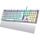 TECURS Mechanische Gaming Tastatur mit Magnetischer Handgelenkauflage & Red Switches, Beleuchtete QWERTZ Kabelgebundene Tastatur, 105 Tasten mit Anti-Ghosting & Multimedia-Drehregler für PC/PS5/PS4