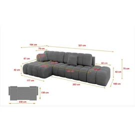 altdecor Ecksofa Cord mit Schlaffunktion 3-Sitzer Dunkelgrau