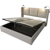 XDOVET Polsterbett Doppelbett(140x200,Beige)Stauraum Bettkasten Leselicht mit Ladefunktion Kopfteil,Stauraumbetten Jugendbett mit lattenrost - Beige