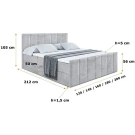 altdecor Boxspringbett mit Fußteil, H4 Matratze und Topper - 160x200 cm - MOETI-Z - Hellgrau Samt - Polsterbett mit Bettkasten und Lattenrost, Bet... - Hellgrau