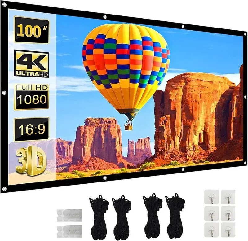 【Fußball-Weltmeisterschaft auf dem Riesenbildschirm für vollen Spannungsmoment】 XBJ 100 Zoll Projektor-Bildschirm 16:9 | HD 4K faltbarer, knitterfreier, doppelseitiger Projektionsbildschirm, 160° großer Betrachtungswinkel, extra lange Seile & Haken für schnelle Einrichtung, Innen-/Außenbereich Heimkino/Hinterhof-Party-Kino