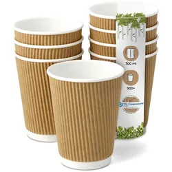 BIOZOYG 500 Stück Riffelbecher 300ml / 12oz Kaffee To Go Pappbecher, Braune Einwegbecher, Nachhaltig, Biologisch Abbaubar, Einwegbecher