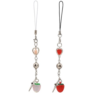 GLOBLELAND 2 Stück, 2 Farben, Rosa Und Rot, Erdbeer Handy Anhänger, Niedlicher Glas Erdbeer Handy Anhänger, Handgefertigte Lampwork Handy Träger, Legierungsstern, Handy Zubehör, 6inch