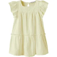 NAME IT Spitzenkleid "NMFDETINES SS DRESS", Mädchen, Gr. 116, N-Gr, gelb (pear sorbet), Spitze, Obermaterial: 100% Baumwolle, Jacquardmuster, A-Linie Midi, eckiger Ausschnitt, Flügelärmel Rüschen, Kleider