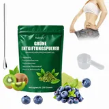 Grüne Entgiftungspulver,Grüner Super Helfer,Superfood Helfer Pulver,Greens Pulver Helfer,Pflanzenpulver mit Matcha,Gerstengras,Heidelbeeren,Vegan–Täglicher Energie Helfer,Mit Löffel,Rührlöffel (1Pack)
