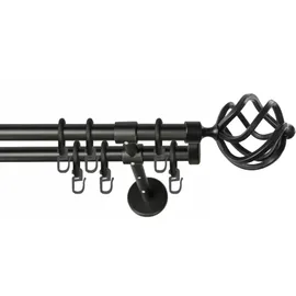 GARESA Gardinenstange GARESA "RUSTIKA", schwarz, L:410cm Ø:16mm, Metall, Gardinenstangen, rustikale Vorhanggarnitur, verlängerbar, m. Ringe, Endknopf Korb