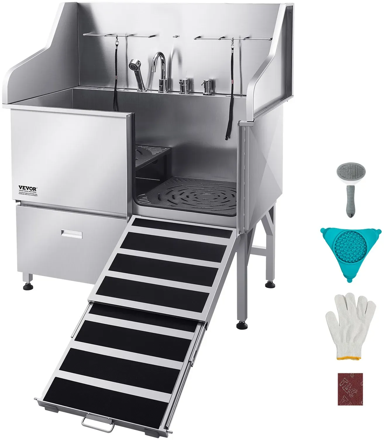 VEVOR 304 Edelstahl-Hundewaschstation, 127 cm große Pflegebadewanne mit rutschfester, flacher Rampe, Schublade, Warm- und Kaltwasserhahn, All-in-One-Badewanne für Pflegesalons, für alle Größen geeignet (rechte Tür)