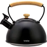 Briebe Wasserkessel Induktion 2,3L, Flötenkessel, Edelstahl Teekessel Retro Alle Herdarten, GlasKeramikherd, Gas, Elektroherd, Holzgriff Cool-Touch, für Tee Kaffee, Tea pot, Schwarz