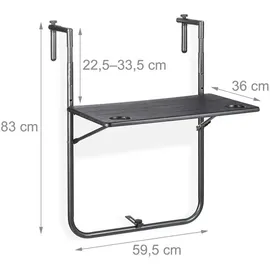 Relaxdays Balkonhängetisch klappbar, 3-fach höhenverstellbar, Tischplatte in Holz-Optik B x T: 59,5 x 36 cm, schwarz