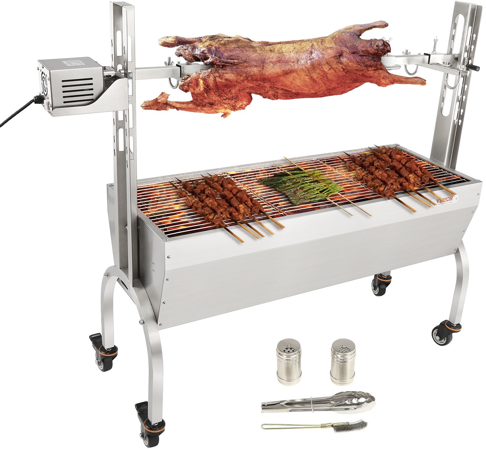 VEVOR Spanferkelgrill Lammgrill 117 cm, 41 kg Edelstahl Drehspieß 4-stufig höhenverstellbar, 50 W 2 in 1 BBQ-Rotisserie-Grill inkl. Gewürzdose & Reinigungsbürste & Griff Elektrogrill Beweglich