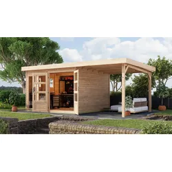 Gartenhaus KARIBU "Langesee 6 mit Anbaudach", beige (naturbelassen), ohne Fußboden, ohne Rück- und Seitenwand, ohne Dacheindeckung, Holz, Gartenhäuser, aus hochwertiger nordischer Fichte mit wasserabweisender Profilierung