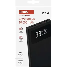 EMOS Powerbank BetaQ 10000mAh, 22,5 W Quick-Charge mit Passthrough und Display, 3X Output + 2X Input, inkl. Datenkabel USB/USB-C, Auto ON/Off, schwarz