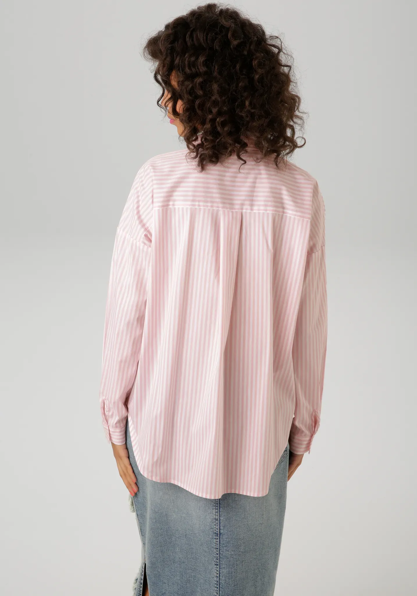 Hemdbluse ANISTON CASUAL, Damen, Gr. 40, rosa (rosa, weiß), Web, Obermaterial: 72% Baumwolle, 27% Polyamid, 1% Elasthan, gestreift, oversize Po-bedeckend, 1-Knopf-Manschette, Blusen Hemdbluse, im Streifen-Dessin