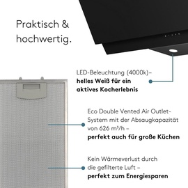 Wiggo Dunstabzugshaube 90cm kopffrei I Abluft Umluft Dunstabzug 626m3/h - Touch-Display 4 Stufen I Energieeffizienzklasse A Schräghaube ... - Schwarz
