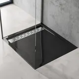 doporro Duschtasse Duschwanne 80x90x5cm flach aus Acryl in schwarz Rechteckig Din-anschlüsse für bodenebene Montage geeignet mit Abnehmbarer Abdeckung Xetro04w