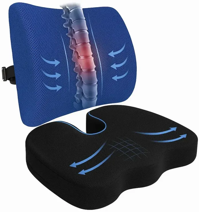 Set aus Lendenkissen und orthopädischem Sitzkissen, 2‐in‐1, Memory‐Schaum, geeignet für Bürostuhl oder Auto