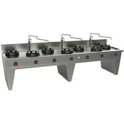 EURAST - Gekühltes wok mit 7 gasbrennern 2 träger, 3 wassersäulen - 3500x900x850 mm - 126 Kw - 32359DEM